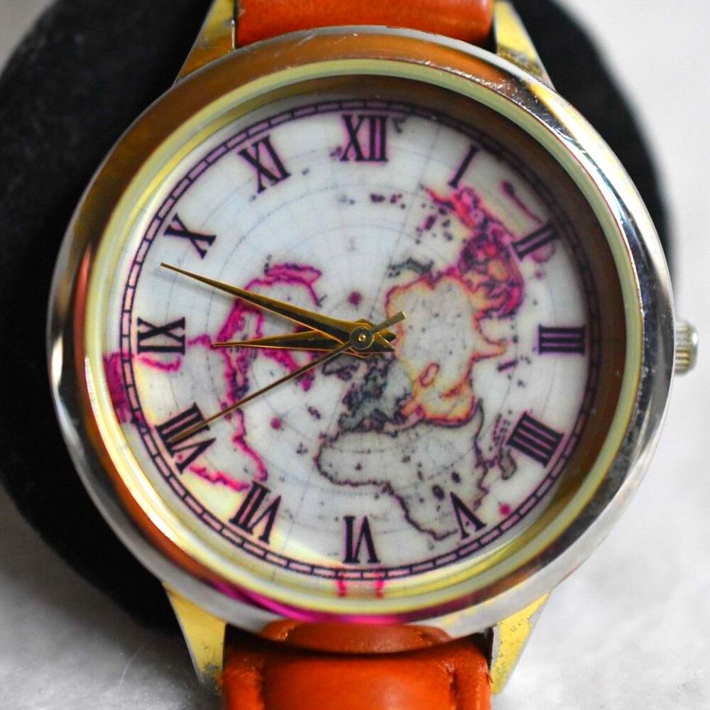 Accutime World Map Brown Leather 8.5" Band New Battery Unisex Watch